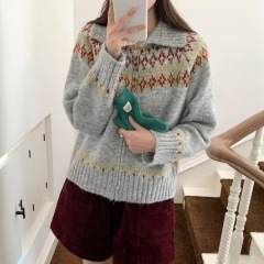 秋冬复古费尔岛翻领拉链毛衣外套女宽松外穿慵懒洋气针织开衫上衣