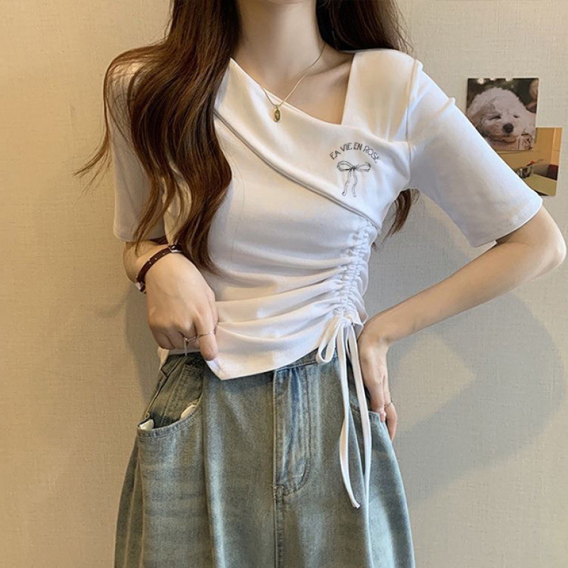 여성용 순면 티셔츠, 반팔 여름 달콤하고 매운 러브 프린트 탑, 한국식 오른쪽 어깨 소매, 측면 조임끈