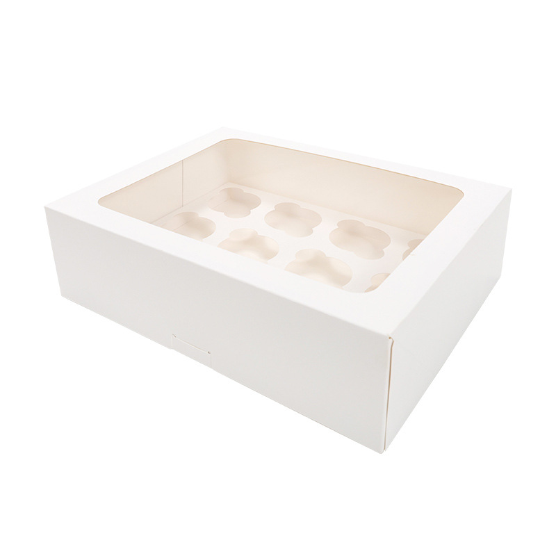 Caja de pastel de taza de papel personalizada de 12 piezas Caja de postre de cartón blanco plegable gratuita Caja de embalaje de caja de galletas de comercio exterior transfronterizo personalizada