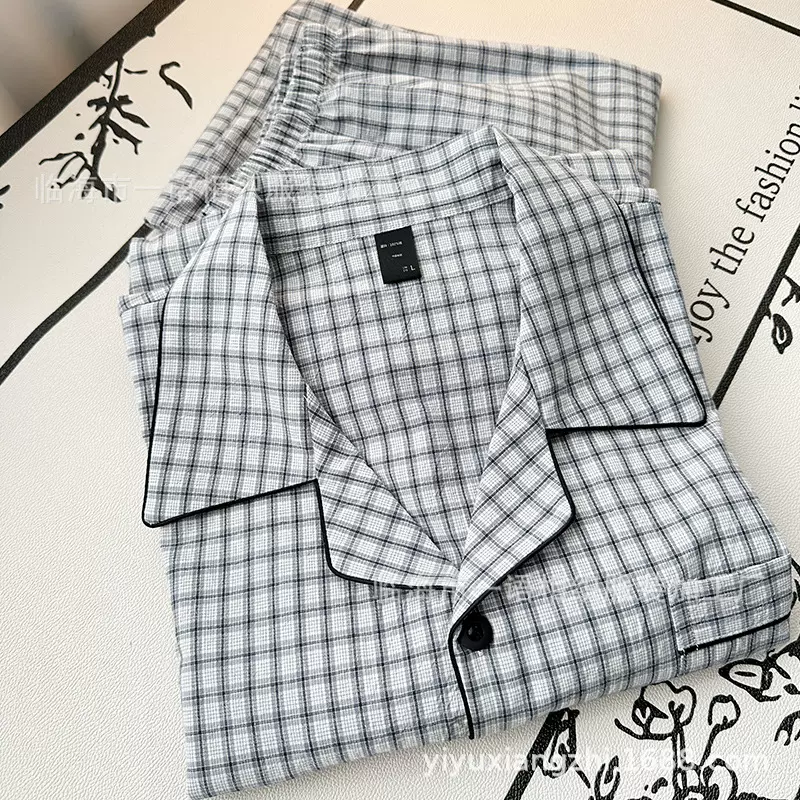 2024秋冬新款全棉水洗棉格子男士睡衣简约学院风男士长袖套装批发