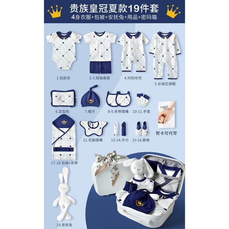 Crown Summer Collection [Blue 19-piece set + suitcase + comfort rabbit]