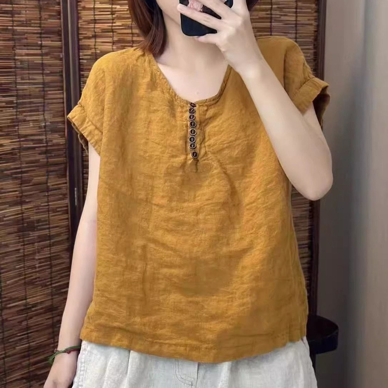 Summer New Retro Cotton and Linen T-Shirt for Women, Solid Color, Loose Fit, Slimming, Round Neck, Short Sleeve Pullover, Short Top
