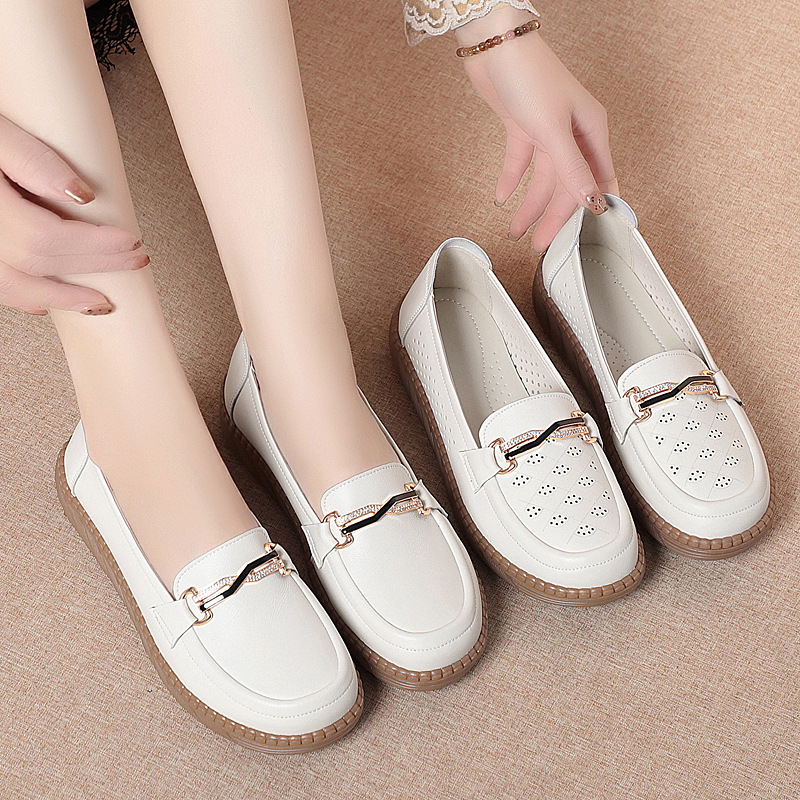 Giày sneaker nữ da thật đế mềm thoải mái, phù hợp người lớn tuổi, size lớn — Be【Kiểu giày đơn】