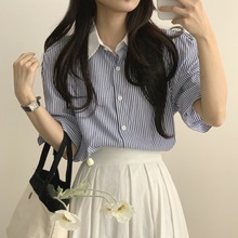 韩国 夏日 设计感须边设计 泡泡袖短袖条纹衬衫
