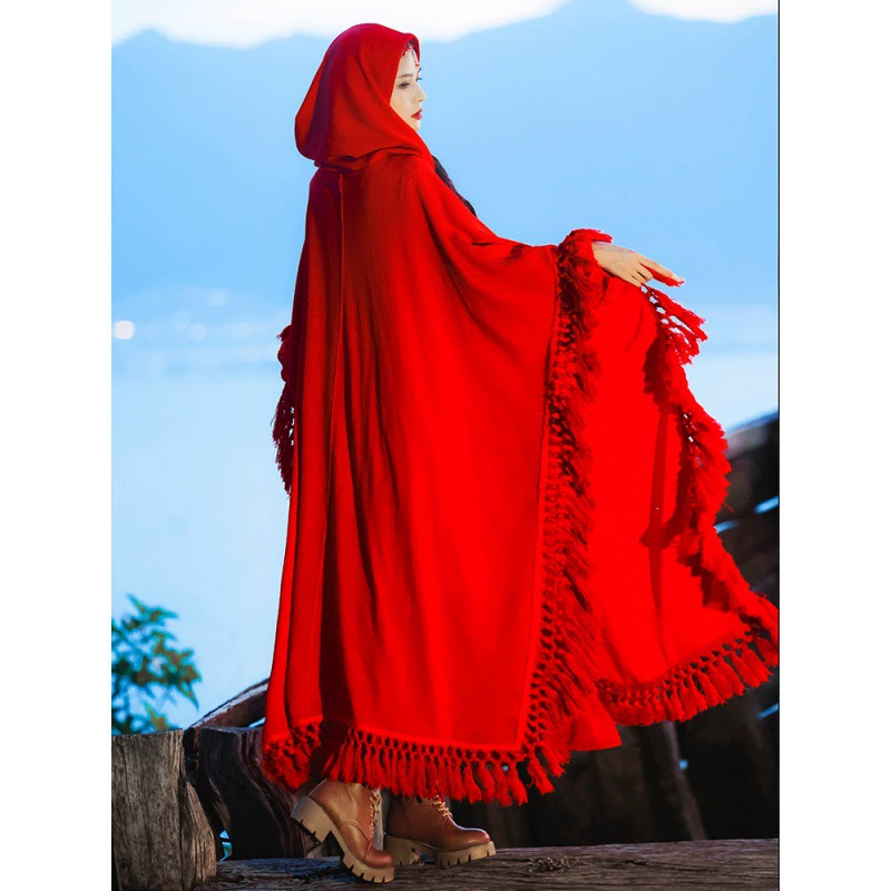 Бордовый тренч из провинции Цинхай с капюшоном, oversize