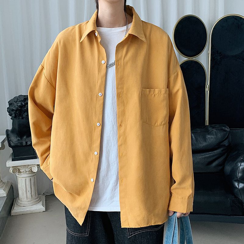 2024 Long Sleeve Shirt Men's Korean Style Fashionable Autumn New Style Shirt Ins Loose Solid Color Thin Jacket