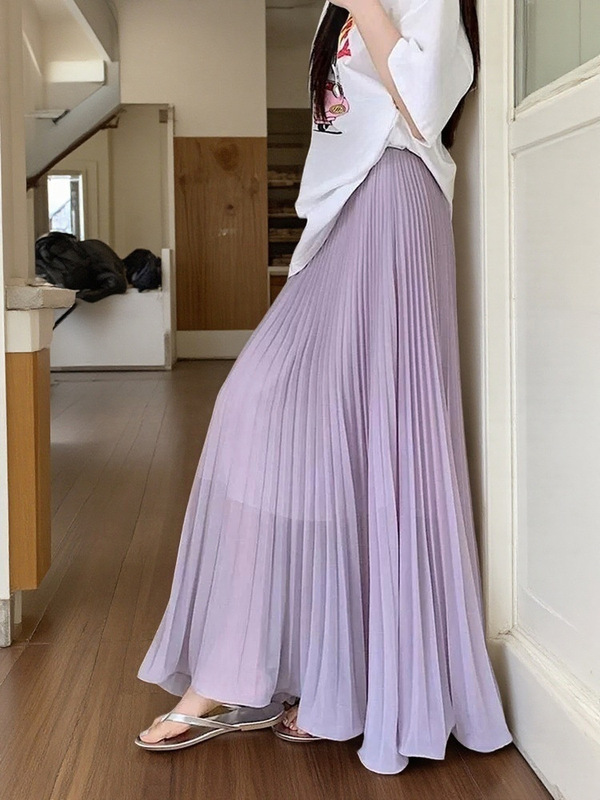 Chiffon Pleated Skirt with Fairy-Like Gentle Style, 2025 Summer New High-Waisted Slimming A-Line Midi Skirt for Women