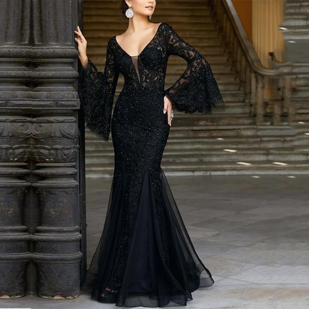 Lace Evening Dress New elegant Sexy Slim fishtail long banquet dress women's black anchor summer