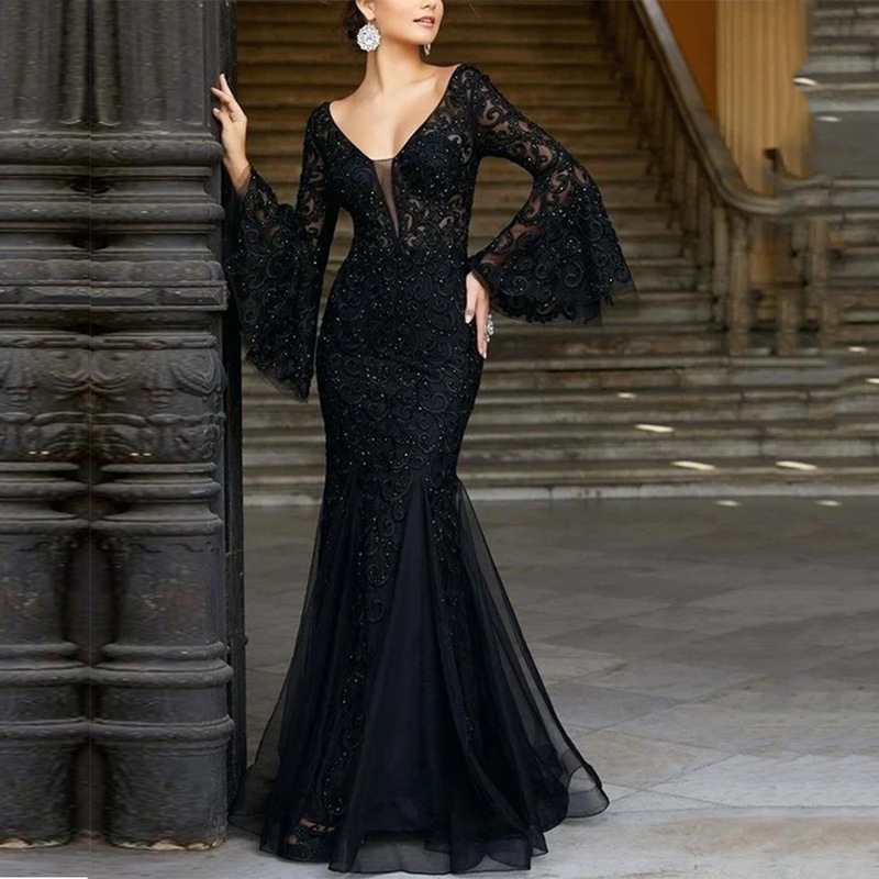 Lace Evening Dress New elegant Sexy Slim fishtail long banquet dress women's black anchor summer