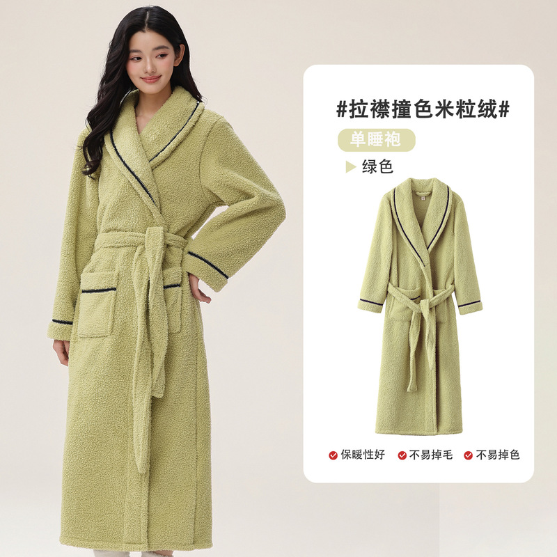 新款秋冬女睡袍半边绒加长加厚保暖睡衣情侣浴袍珊瑚绒家居服套装|undefined