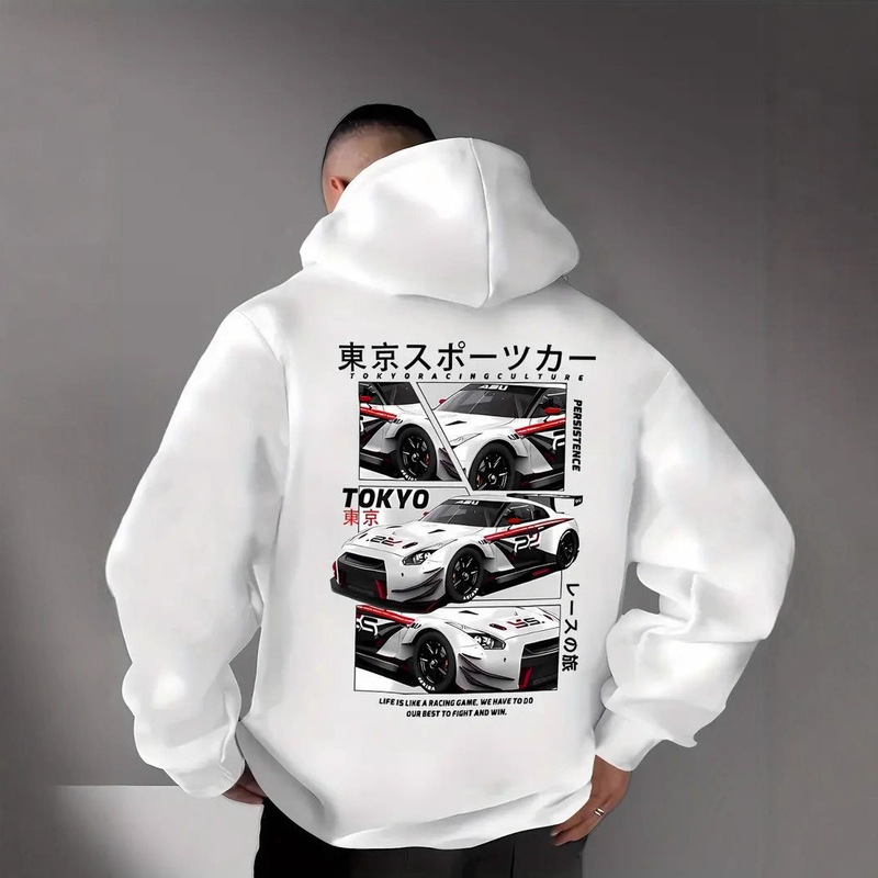 Men's Hooded Sweatshirt with Dropped Shoulder Sleeves, Racing Print, Stylish and Attractive, Hot-Selling Hooded Jacket, Versatile Style