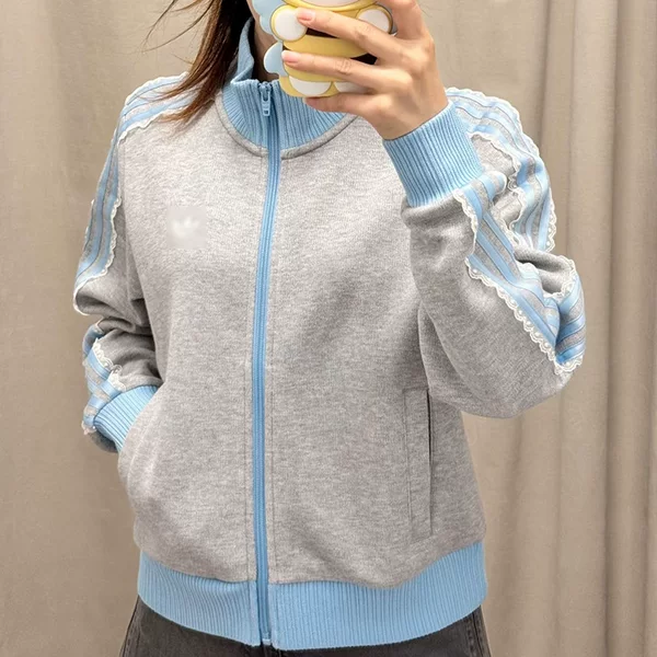 Adidas Originals retro American-style stand-up collar sweatshirt, women's new autumn collection, lace trim, three stripes, casual outerwear