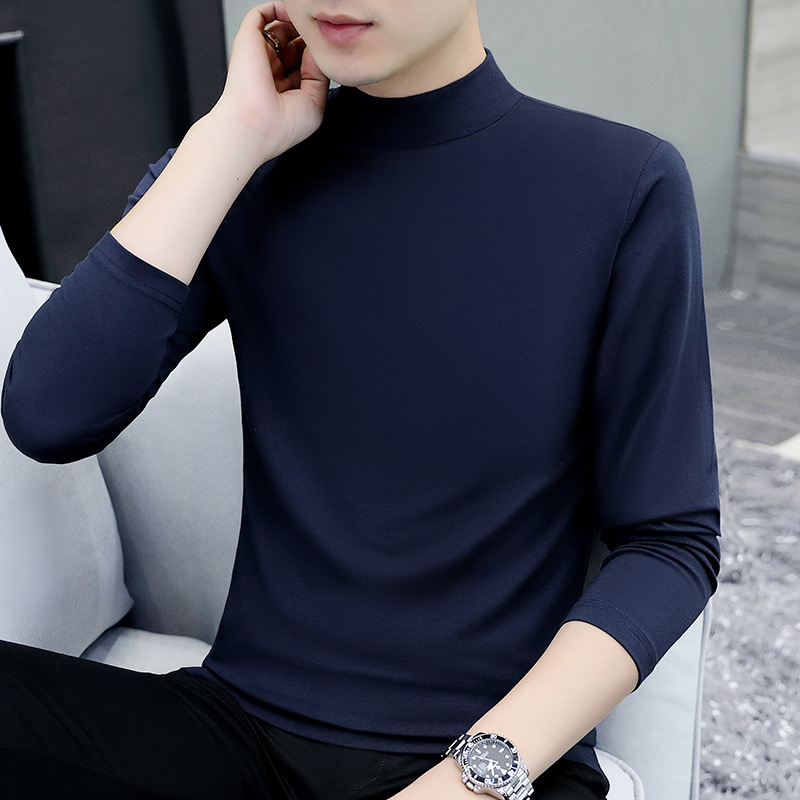 Autumn and winter 95 cotton solid color long sleeved T-shirt men's base shirt mid neck warm clothing_voghion.com