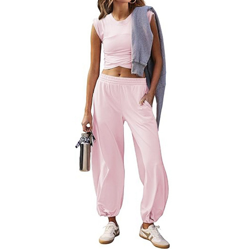 Ladies Two Piece Set Solid Color Casual Set Crop Tops Sweatpants with Pocket Tracksuit Ladies Two Piece Set Solid Color Casual Set Crop Tops Sweatpants with Pocket Tracksuit
