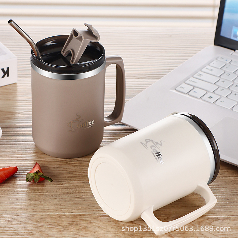 304 doble capa con cubierta de paja de acero inoxidable taza de agua taza de té de oficina en el hogar taza de café caja de regalo