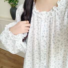 白色浅蓝碎花纯棉双纱长袖睡裙女花边蕾丝春秋居家睡眠家居服批发