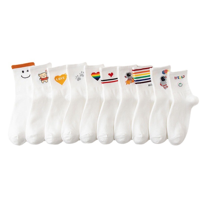 Calcetines de mujer de otoño e invierno a media pantorrilla estudiante de dibujos animados blanco oso letras del arco iris encantadora cara sonriente a rayas deportes estilo coreano calcetines de mujer