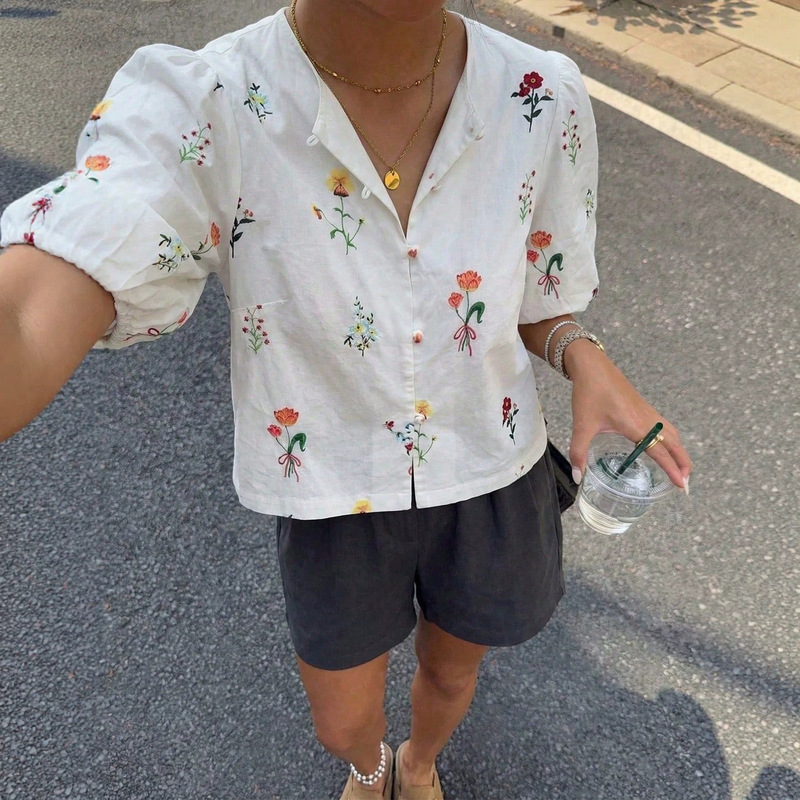 2026 New Model Independent Foreign Trade Shirt Cross-Border Top Round Neck European Size Women's Floral Print Henley Shirt 2026 New Model Independent Foreign Trade Shirt Cross-Border Top Round Neck European Size Women's Floral Print Henley Shirt