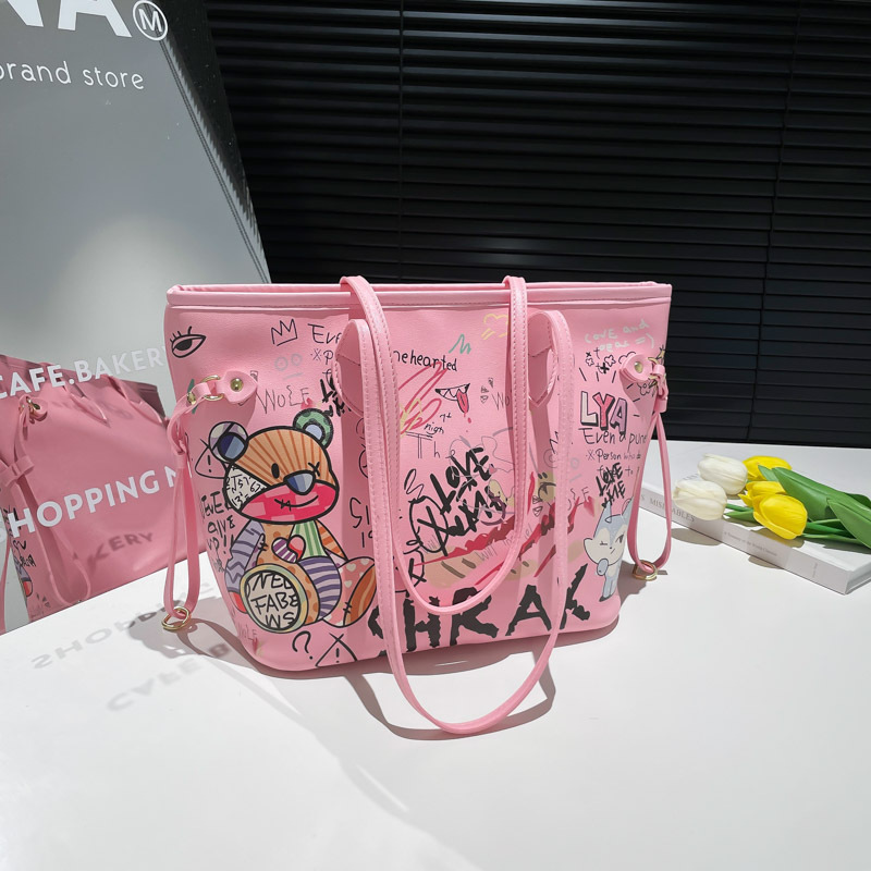 外贸印花包包女小熊涂鸦托特包春季新款手提包百搭大容量单肩包|undefined