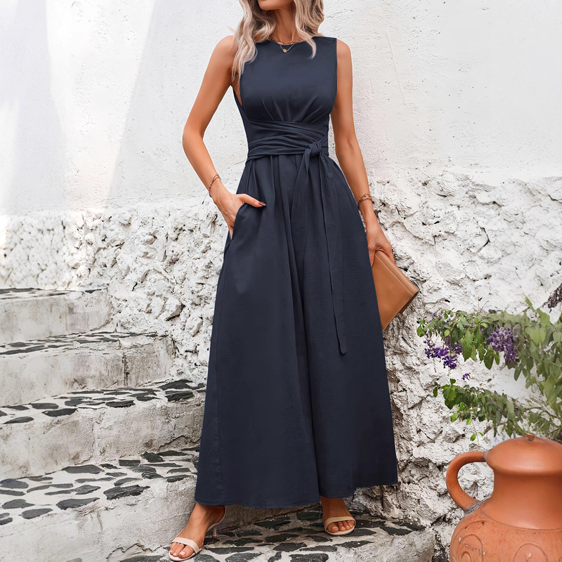 25 Cross-Border Women's Casual Solid Color Round Neck Twisted Waist Sleeveless Loose Commuting Dress Summer Casual Daily Wear