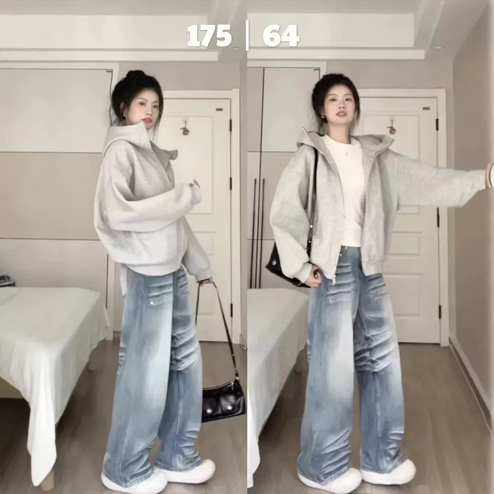 灰色连帽卫衣外套女春秋2025新oversize美式正肩韩系穿搭即墨女装