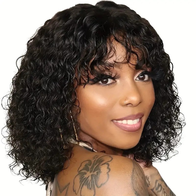 European American Short Curly Synthetic Wig With Front Lace Design High Temperature Silk Full Head Wig For Daily Use_voghion.com