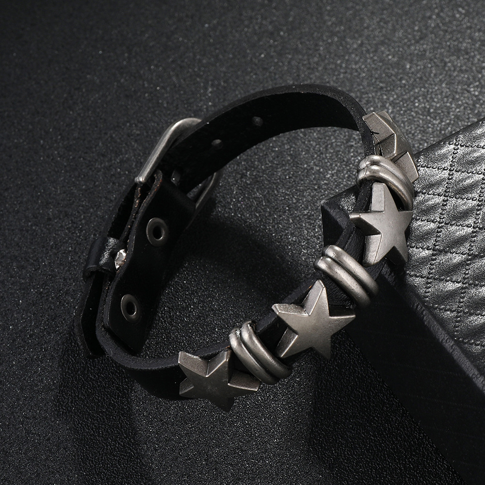 Pulseira de couro com pentagrama para homem estilo punk_voghion.com