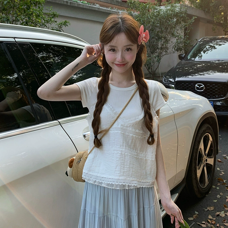 Настоящая футболка из вискозы 260 г с короткими рукавами, летний комплект из 101.25kg предметов, тонкий короткий топ с круглым вырезом, женская одежда в корейском стиле