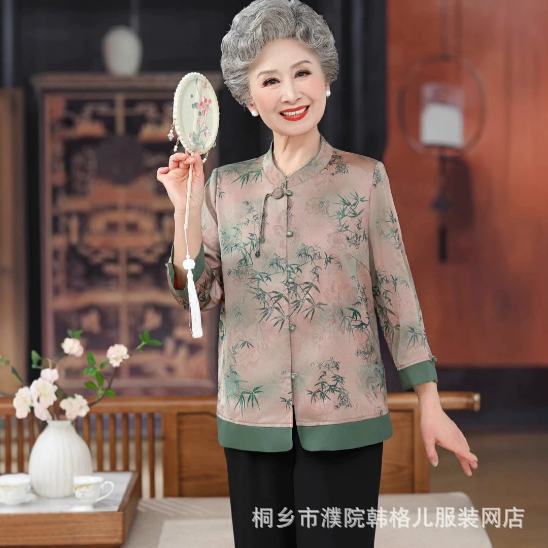 Старушка весенняя рубашка с длинными рукавами высокого класса пожилая женщина бабушка весна ретро топ новая мама одежда