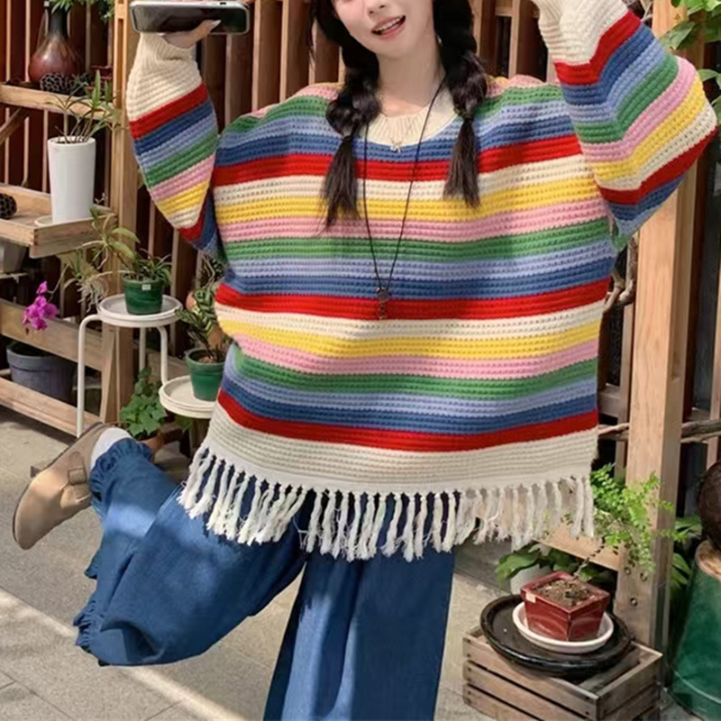 秋冬新款彩虹条纹流苏针织衫镂空毛衣女时尚宽松多巴胺撞色设计感|undefined