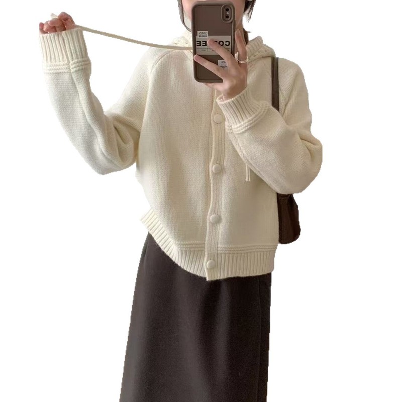 法式复古加厚开衫针织灰色外套女秋冬连帽抽绳软糯学院毛衣开衫女|undefined