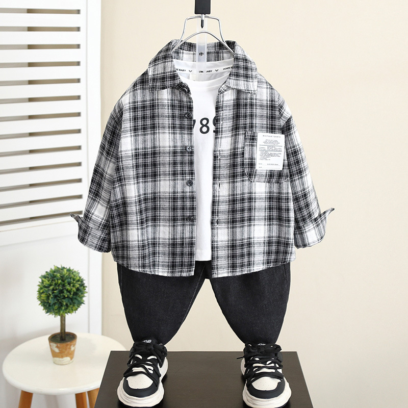 5839 Chaqueta de camisa de primavera y otoño para niños 2024 Nueva camisa a cuadros de otoño para bebés de moda