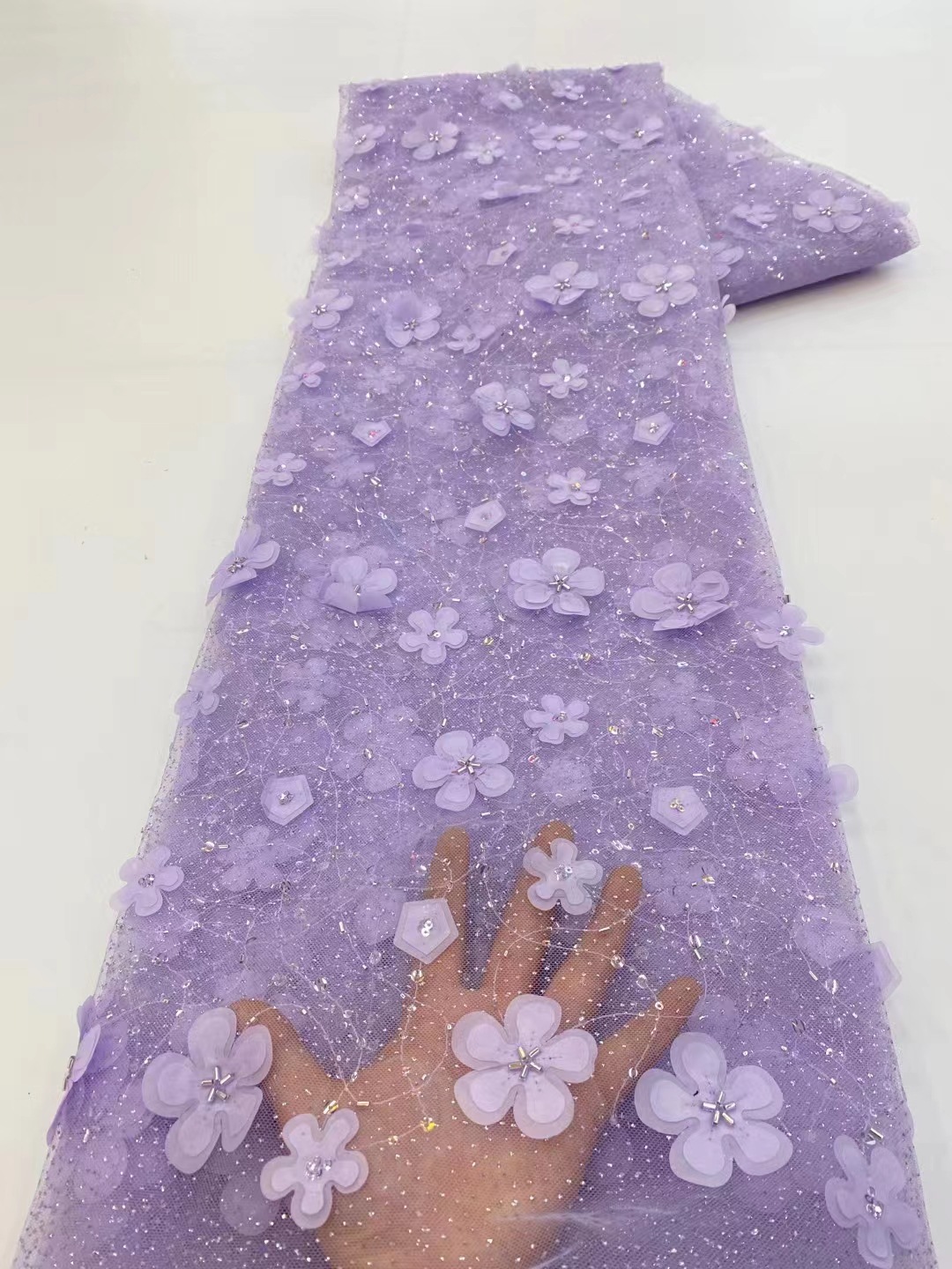 Tela de encaje de flores tridimensional con cuentas ropa infantil fresca vestido de hadas tela de encaje bordado JX3429