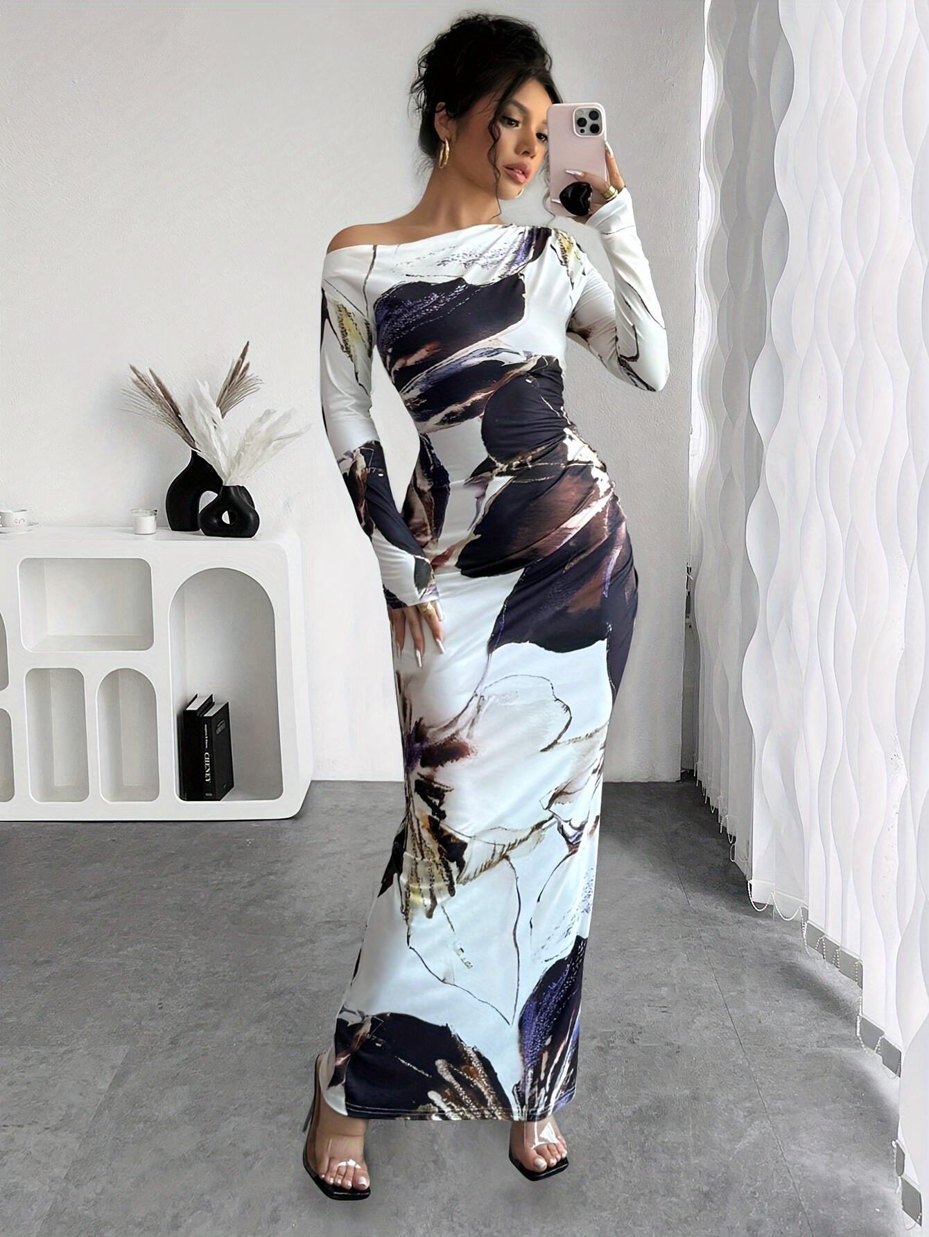 Women Elegant Floral Print Asymmetric Dress Long Slevee - Picture 8 of 8