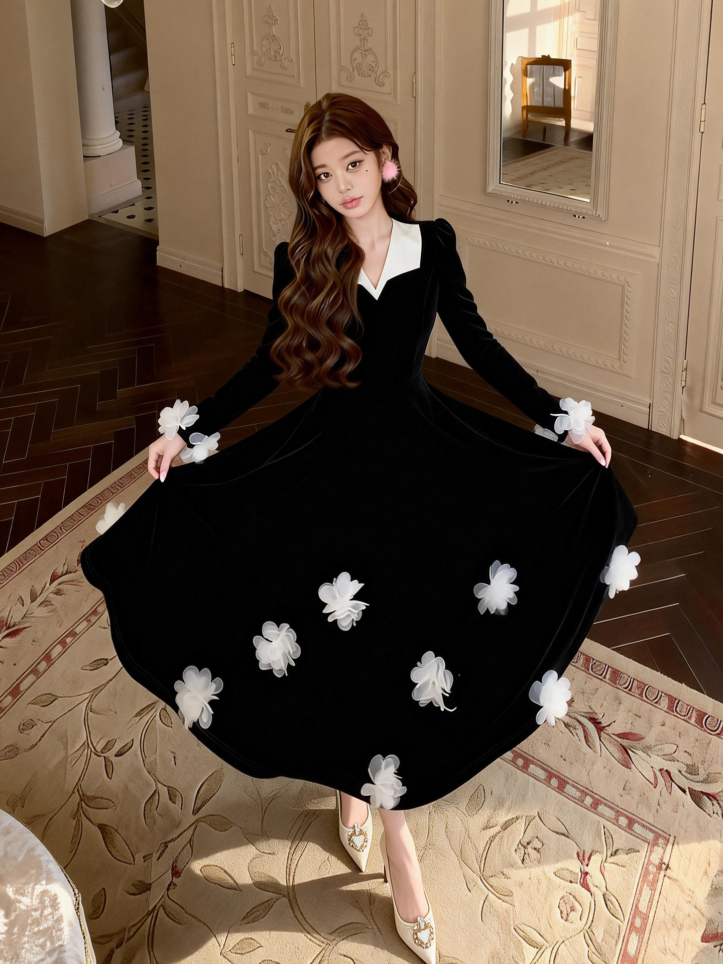 Đầm nhung V cổ thắt eo phong cách Hepburn hoa nổi 3D cổ điển thanh lịch — đen