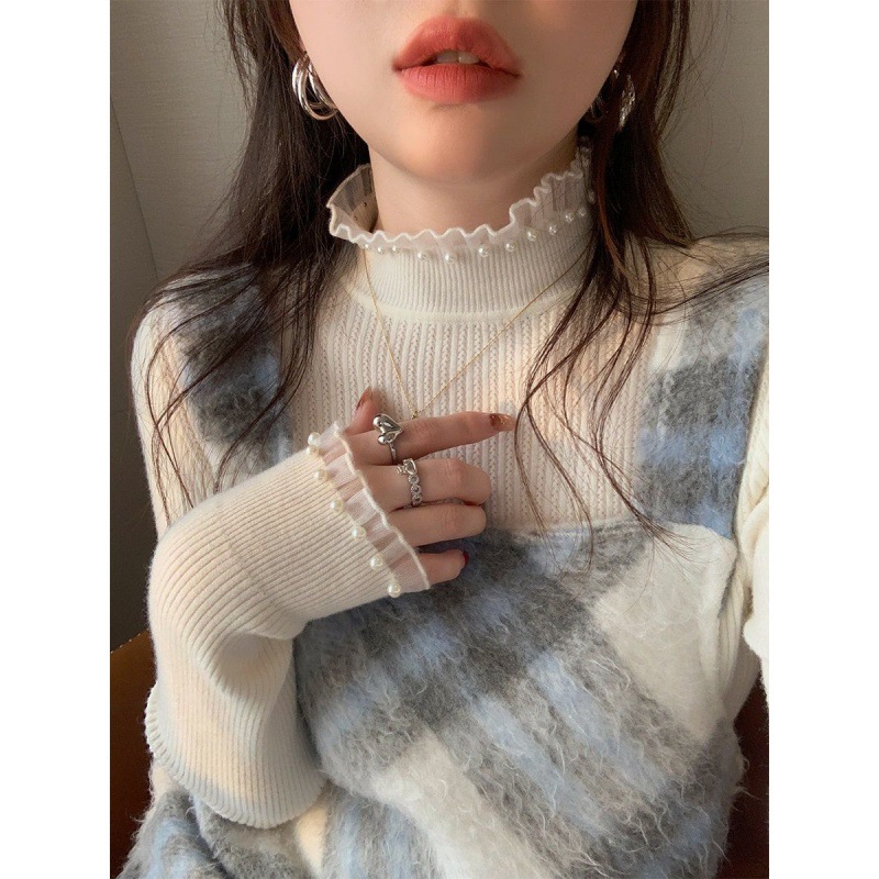 女性用レースボトムシャツ、2025年春秋新作スタイルセーター、女性用タートルネックトップ、小香風セーター
