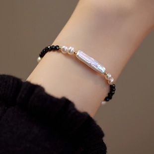 Simple Style One-word Freshwater Pearl Black Spinel Trendy Cool Girl Niche Design Ins Crystal Bracelet Elegant