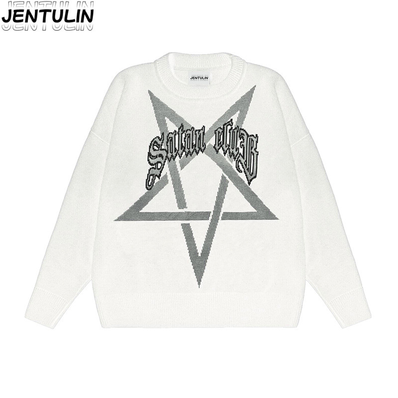 American Vintage Knit Sweater Satan Club Letter Jacquard Pullover Long Sleeve Loose Round Neck Thick Outerwear