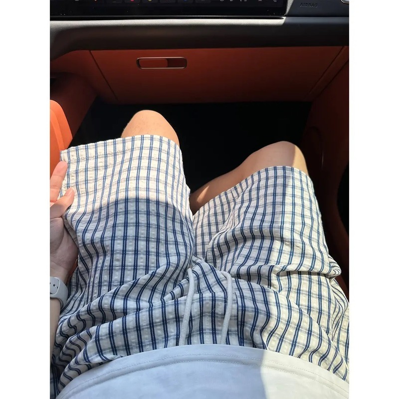 夏の新作チェック柄ショートパンツ メンズ 薄手 パッチワーク ストレートパンツ カジュアル 半袖 ワイドレッグ 五分丈パンツ ワークウェア|undefined