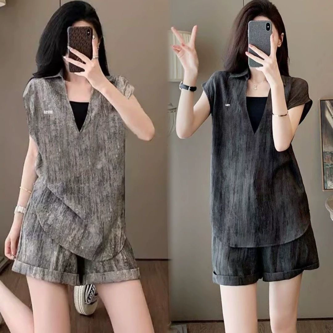 Модный повседневный костюм в стиле ретро, ​​летний темпераментный утягивающий топ из двух частей с короткими рукавами, стильные шорты, комплект из двух частей