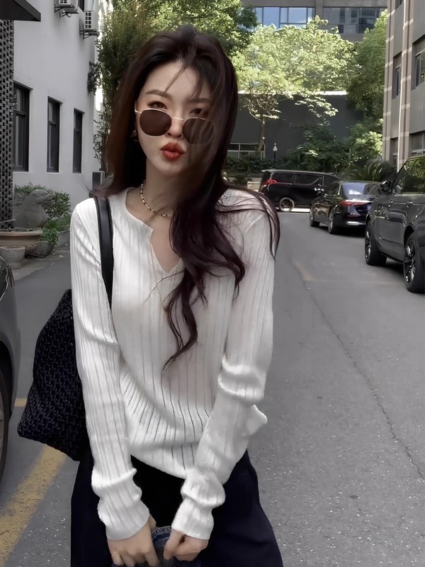 法式高级感独特漂亮白色V领上衣女2025年秋季新款针织衫设计小众|undefined