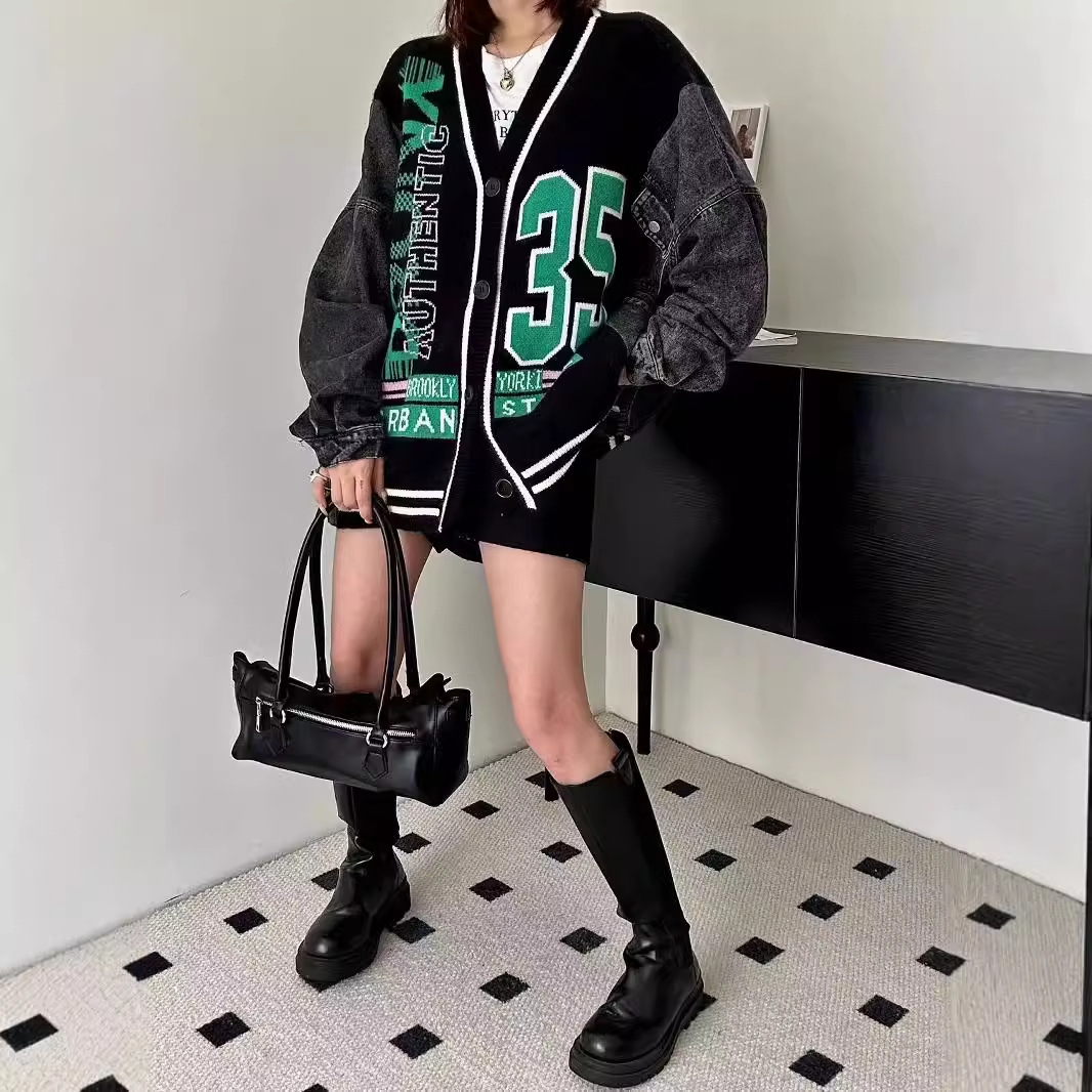 Women's Clothing denim patchwork knitted jacket _voghion.com