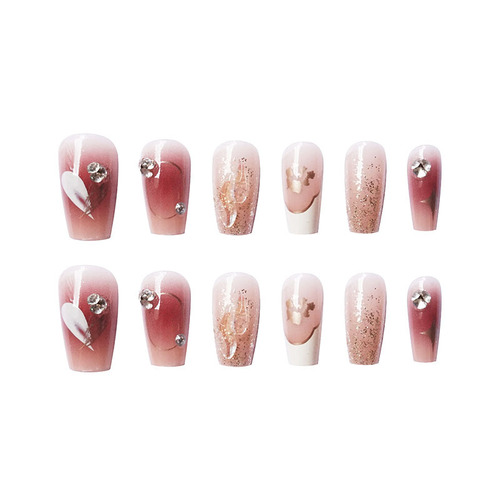 雅婕娜-爱心晕染极光彩钻芭蕾款显白美甲成品可拆卸穿戴甲Nails