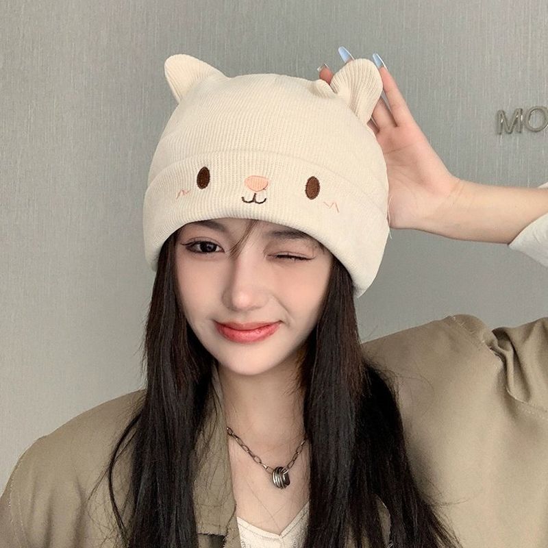 帽子女月子帽产后孕妇秋冬款防风可爱猫耳显脸小大头围堆堆毛线帽|undefined