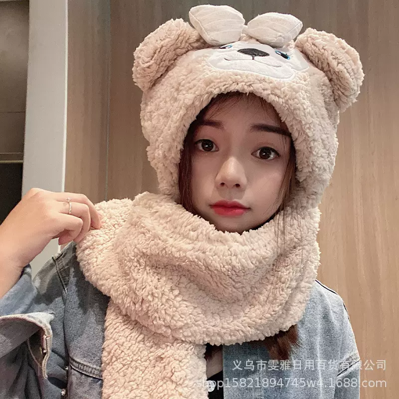雪莉玫玉桂狗美乐蒂达菲三件套加厚冬款保暖围巾手套一体毛绒帽女