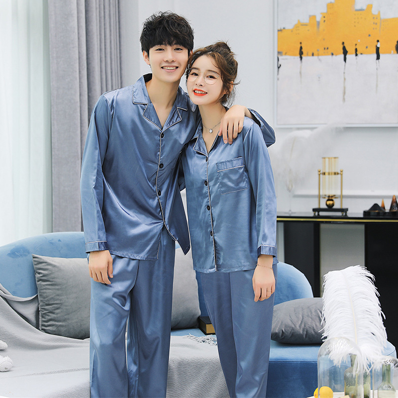 Directo de fábrica pareja pijamas de las mujeres primavera y otoño simple color sólido de seda de hielo de manga larga de seda artificial de los hombres desgaste del hogar traje
