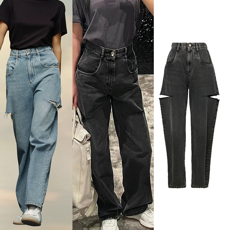 European and American Magila MM Same Style High Waist Wide Leg Knife Cut Hole Fashionable Loose Straight Jeans Women's Black Grey European and American Magila MM Same Style High Waist Wide Leg Knife Cut Hole Fashionable Loose Straight Jeans Women's Black Grey