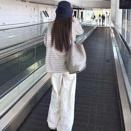 美式复古撞色条纹长袖t恤女夏季宽松松弛慵懒防晒罩衫春秋上衣潮