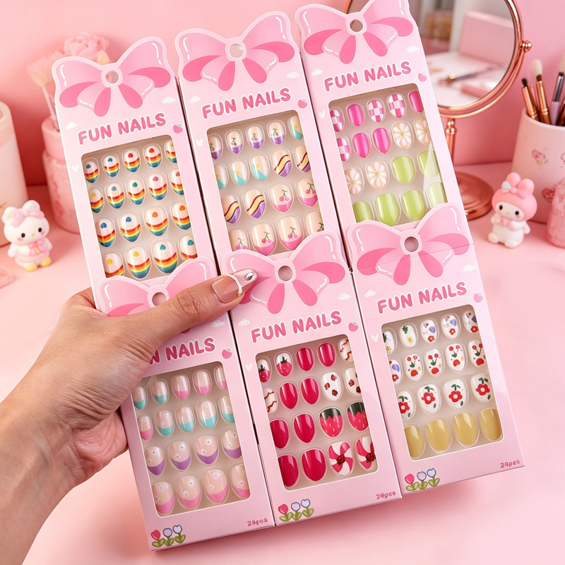 New Style Children's Pointed Nails, 24 Pieces, Wearable Nail Art Patches, Sweet and Cute Nail Art Patches, Fake Nails, Wholesale in Stock