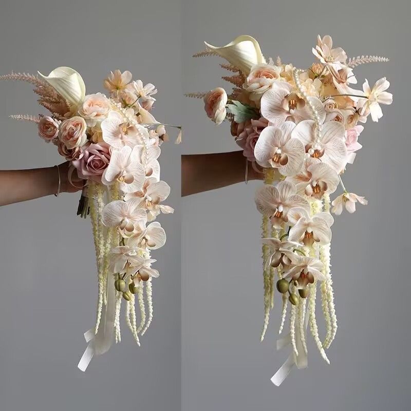 手持ち花、造花、滝の水滴、高級ブライダルブーケ、結婚式の写真撮影、造花、ホームテーブルディスプレイ|undefined